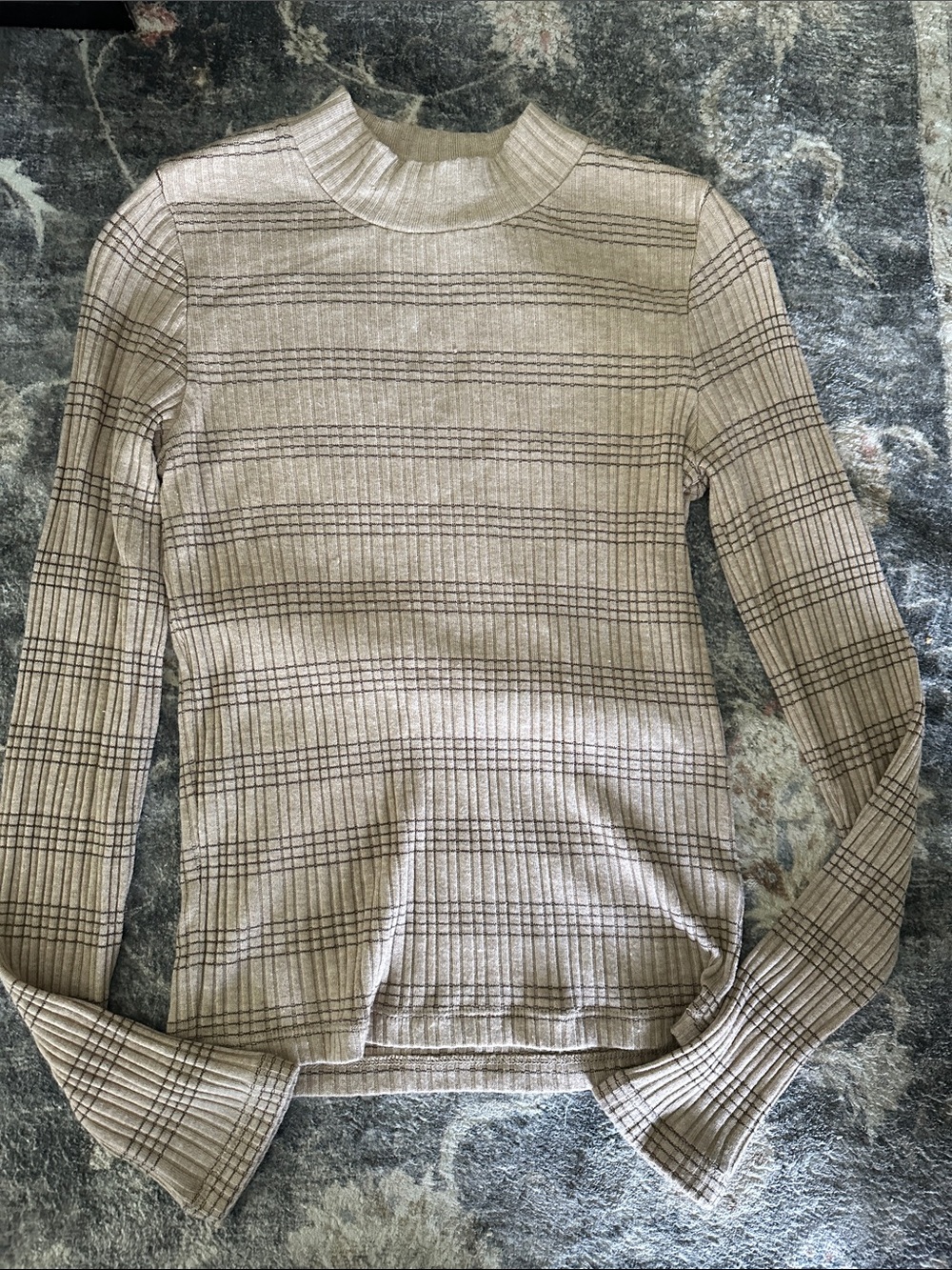Vince Beige Striped Ribbed Mock Neck Long Sleeve Top